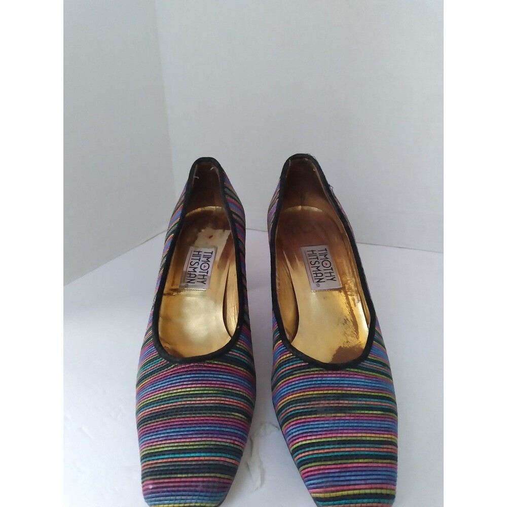 Vintage Multicolor Striped Pumps‎ Square Toe Mid Heel Classic Dress Shoes